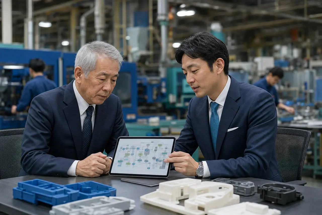 工場を背景に樹脂会社の事業承継を相談している様子