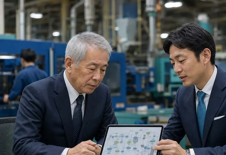 工場内で秘密保持型の承継相談をしている画像パーツ