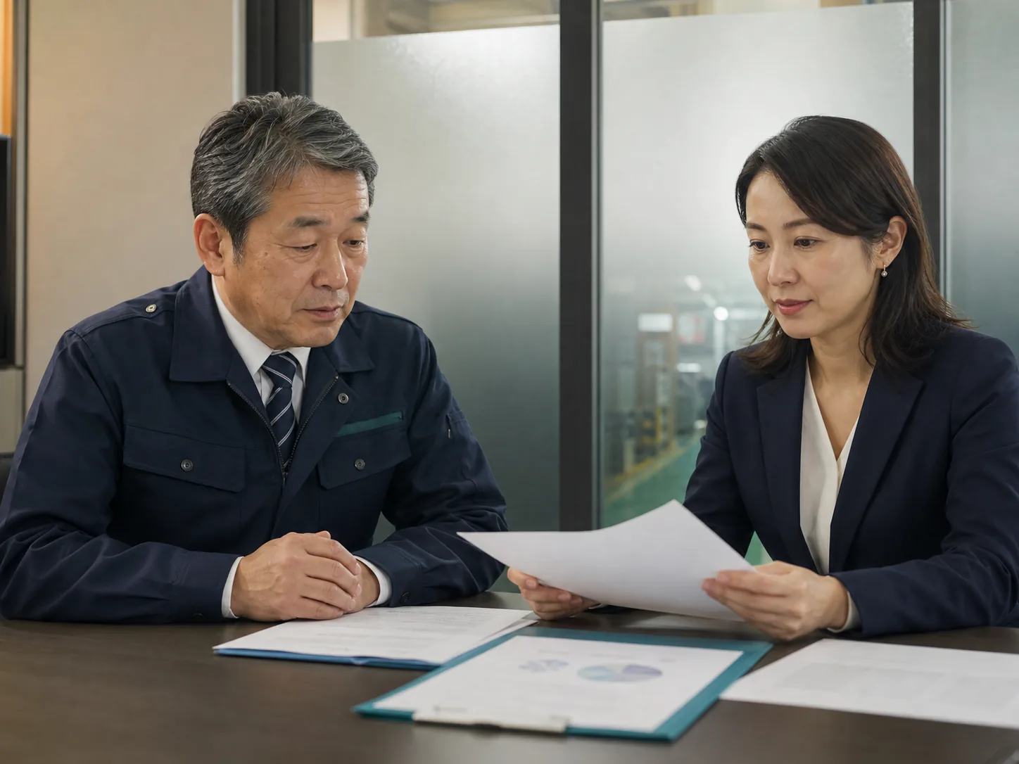 個室で樹脂会社経営者とM&A担当者が秘密保持前提の相談をするイメージ