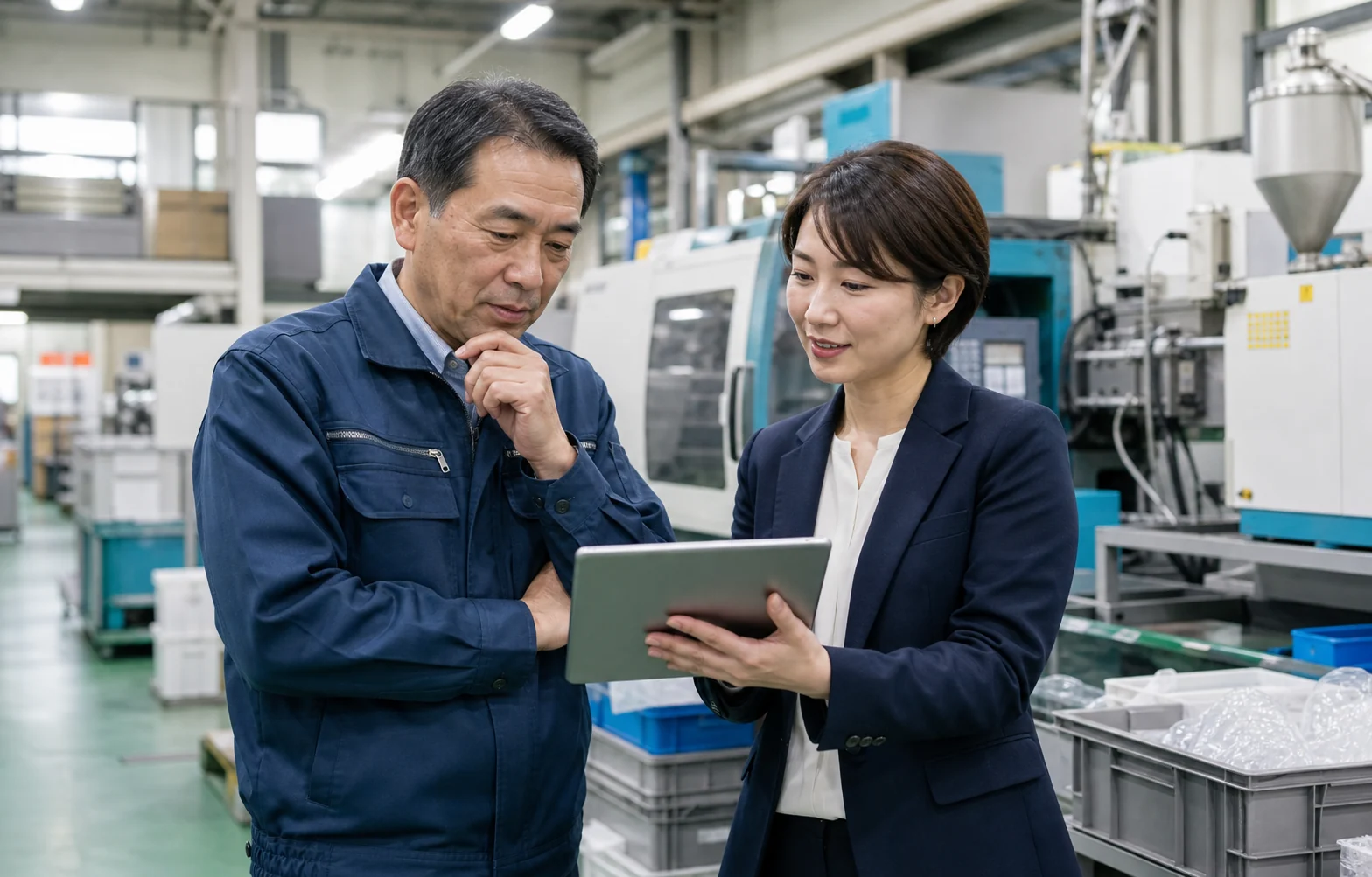 樹脂成形工場で経営者とM&Aアドバイザーが事業承継を相談するイメージ