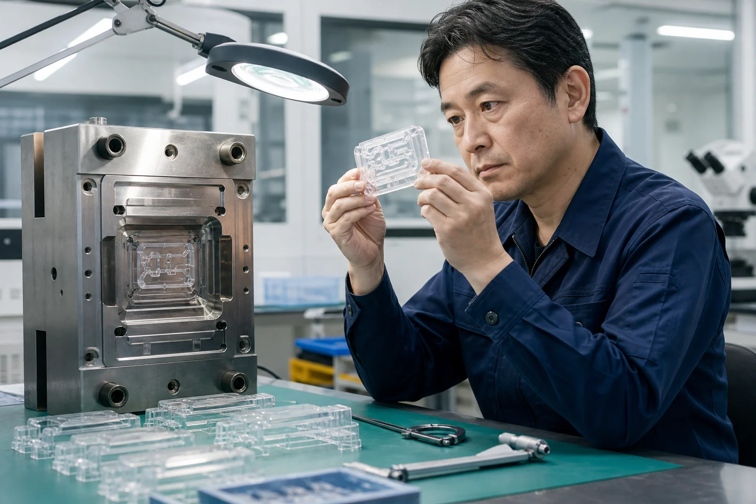 樹脂成形の金型と成形部品を品質技術者が確認するイメージ