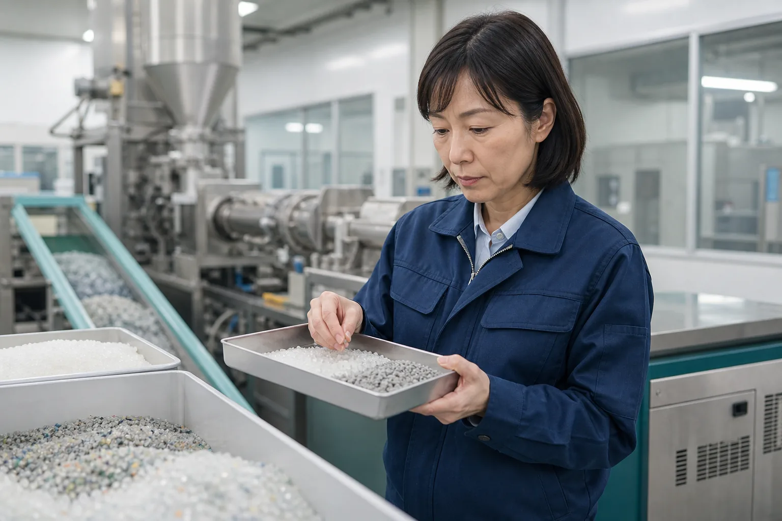 再生樹脂ペレットの品質を工場責任者が確認するイメージ