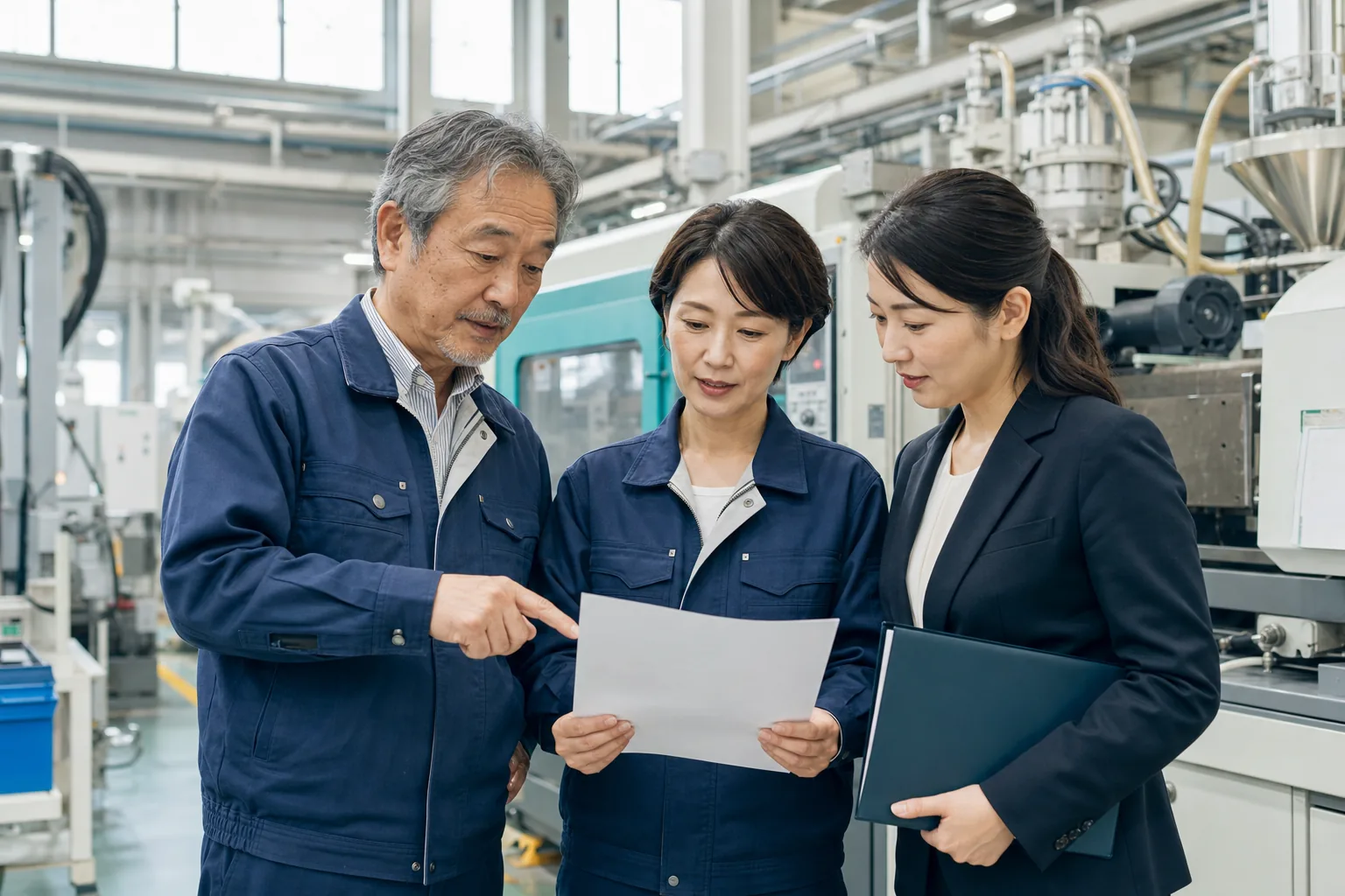 樹脂成形工場で経営者と後継者が事業承継について確認するイメージ